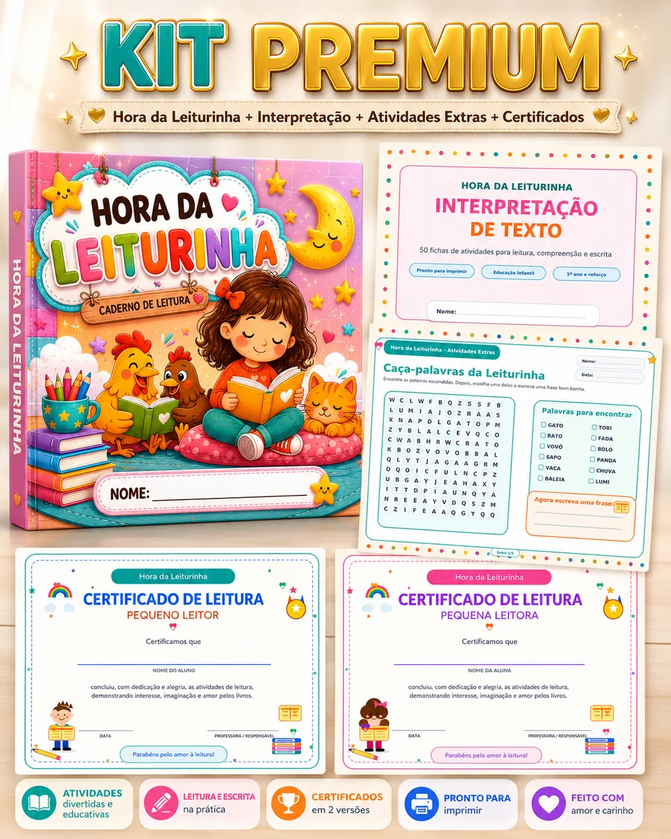 Kit Premium Hora da Leiturinha com interpreta&ccedil;&atilde;o, atividades extras e certificados